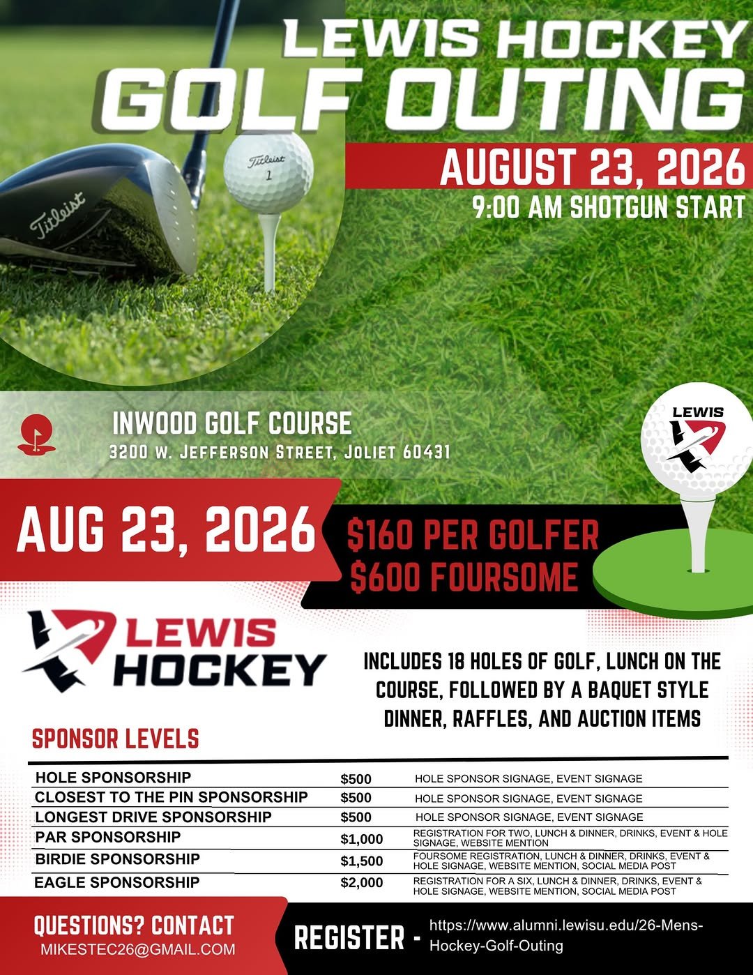 Join us for the Lewis University Hockey Golf Outing, our biggest fundraiser event of the year on Sunday, August 23, 2026 at Inwood Golf Course!